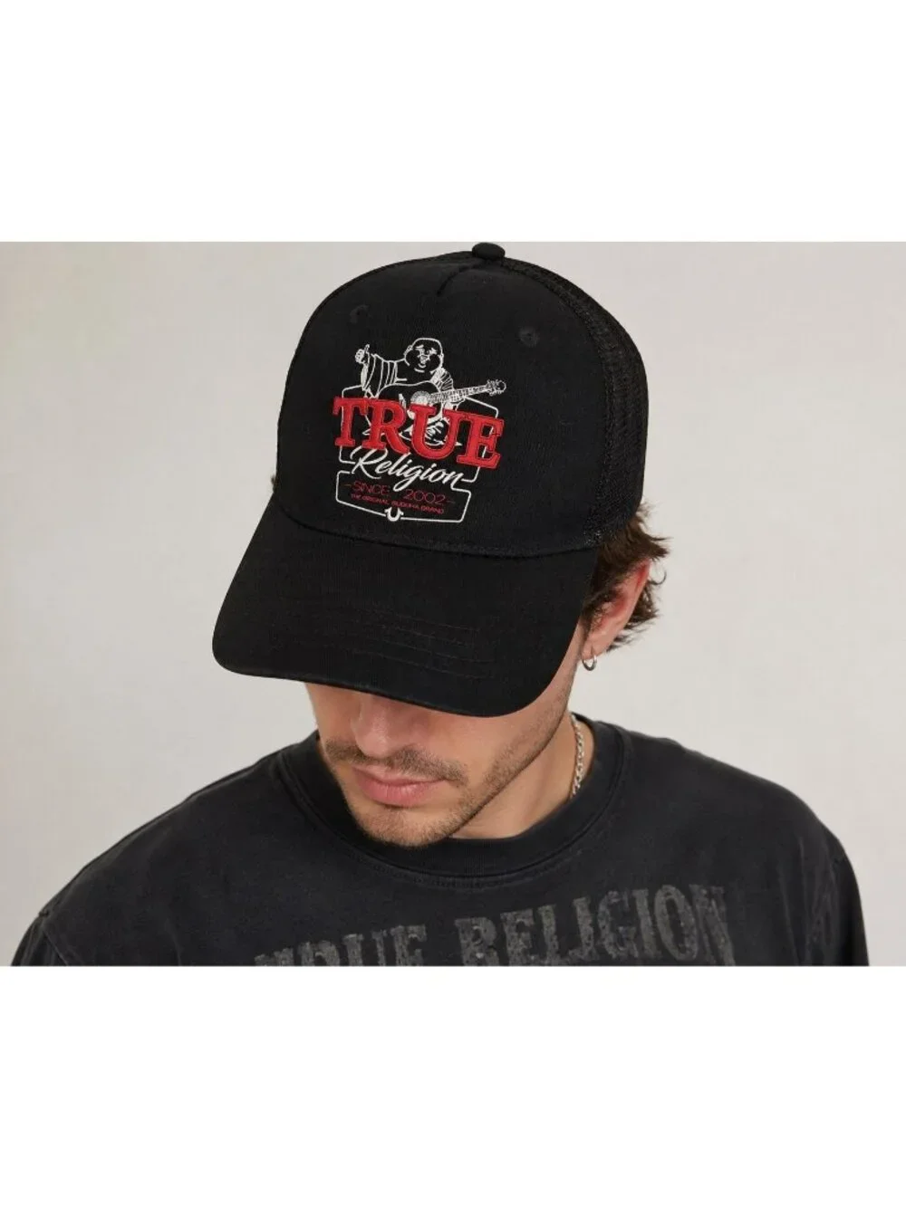 True Religion Brand Jeans Buddha Guitar Black Trucker Hat Snapback Cap